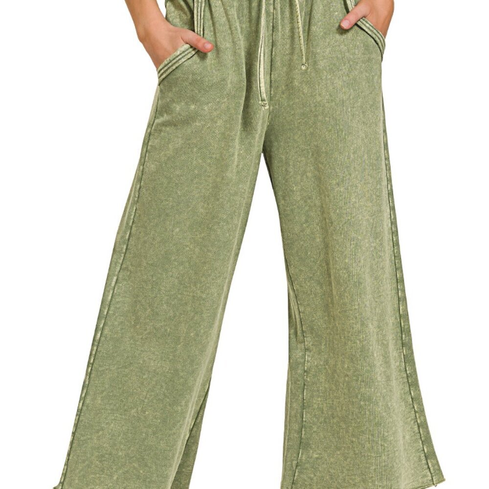 Zenana Mineral Washed French Terry Palazzo Pants with Pockets, Light Olive - Picture 3 of 4